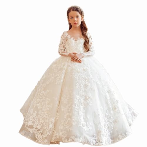 Custom Flower Girl Dresses Rose Flowers Appliques Embroidery with Trailing Long Sleeve for Wedding Birthday Party Holy Communion Banquet Princess Gown