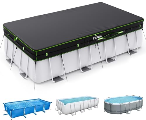 UIRWAY 214 x 305 cm Poolabdeckung Rechteckig 420D Winterabdeckung für oberirdische Pools UV-beständige Poolplane mit Kordelzug und Bodenankern stabile Befestigung und einfache Montage