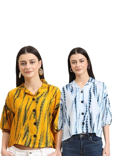 Image of Women's Cotton Blend Printed Combo (Pack of 2) Shirts - 3 /4 Sleeves V Collar Neck