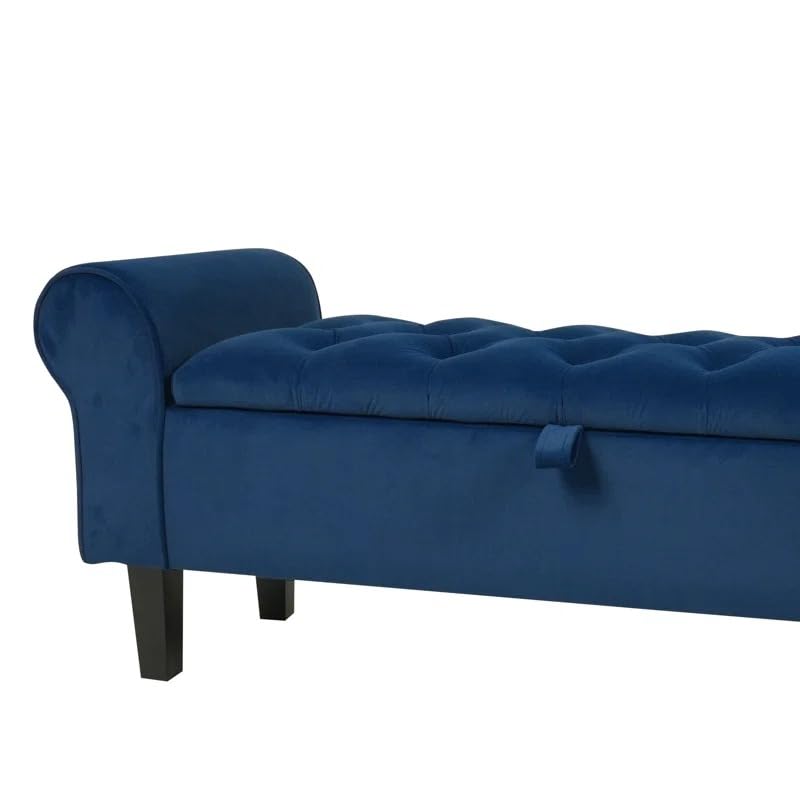 Image of Rolled Arm Storage Ottoman Bench | Tufted Velvet Sofa Bench with Hidden Storage | 2 Seater Bedroom Living Room Window Seating | Upholstered Lounge Bench Footrest End of Bed Seat | Blue