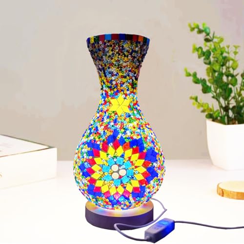ZDAYOZ Moroccan Style Mosaic Table Lamp, Handmade Glass Vase, USB Interface, Small Night Lamp (Blue, Yellow, and red Integrated vase Light)