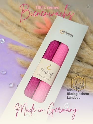 Wachsmann Bienenwachskerzen handgerollt, 100% Bienenwachs, 2er Set in vielen Farben, Made in Germany (Rosa/Pink)