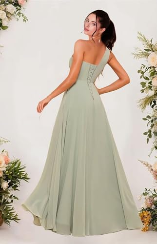 Chiffon One Shoulder Bridesmaid Dress with Pleated Bodice Long Ruffles A Line Formal Dress for Women with Slit2