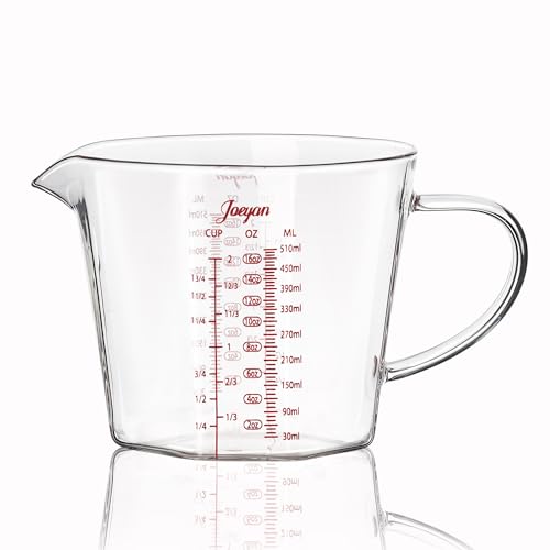Joeyan 510ml Verre Doseur en Verre Borosilicaté,Pichet Gradué avec Bec Verseur V et Poignée,Measuring Cup,3 Mesures (ml/oz/Cup) Pour Café Espresso,Cocktails,Matcha et Cuisine,Bol mélangeur,Transparent