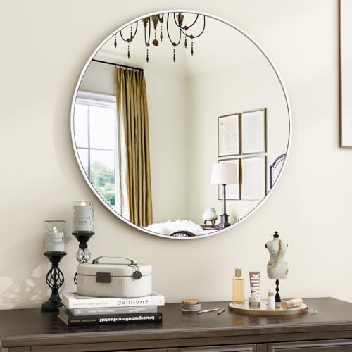 Image of VooBang White Round Bathroom Mirror, 24 inch Circle Wall Mounted Hanging Mirror with Simple Modern Circular Metal Frame for Hallway, Entryway, Living Room, White Frame