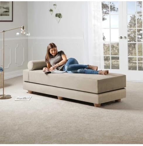 Image of SOUL CRAFT Modern Modular Daybed /Fold-Out Sleeper, Beige, Velvet Fabric, Converts to 2 Single Beds or 1 Queen Bed, with Mattress 203 cm x 74 cm(6.66 ft x 2.43 ft)