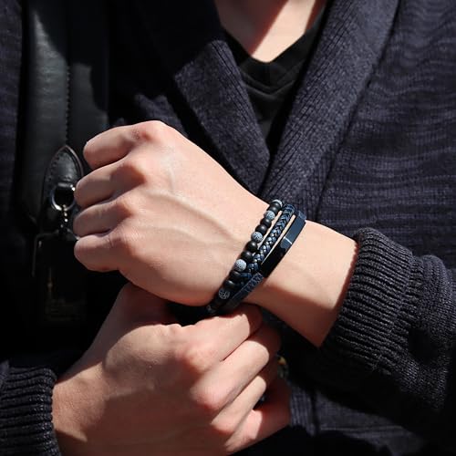 Men’s Leather & Bead Bracelet | Adjustable Magnetic Clasp | Braided Wristband with Tiger Eye & Lava Rock Stones | Engraved Stainless Steel Cuff Bangle Black Brown Blue Silver | Gift for Him3