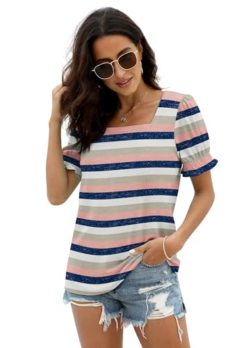 Image of WIHOLL Tops for Women Summer Casual Ruffle Trim Sleeve Square Neck T Shirts