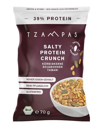 TZAMPAS® BIO Protein Snack Salzig · 10x70g Salty Protein Crunch Tamari · Kürbiskerne, Sojabohnen, Tamari · Bio Soja Protein Crispies aus Österreich · 39% Protein