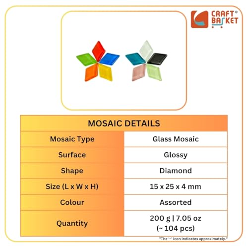 Image of Assorted Colours Glass Mosaic Tiles (20 Variations) (All Packs: 100 g,200 g,500 g), DIY Mosaic Art, Decoration, Crystal Glass Mosaic Tiles (Glossy Diamond 15 x 25 mm), 200 g