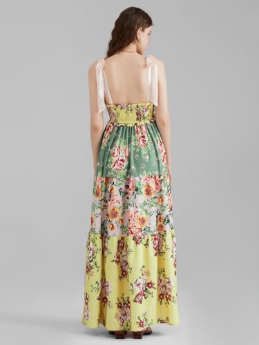 Image of Women Summer Floral Spaghetti Strap Dress Flowy Smocked Tie Up Boho Maxi Swing Dress Y2K Beach Sundress