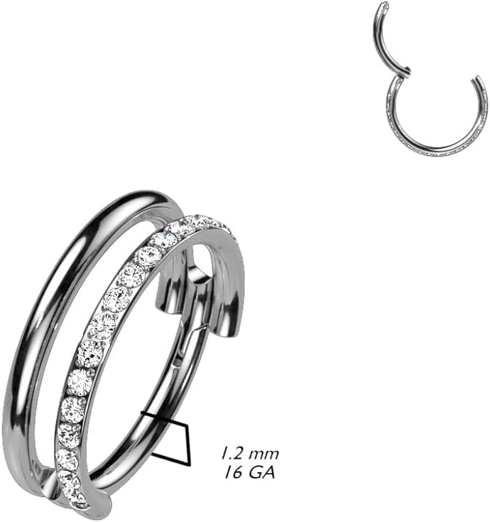 Pierced Owl 16GA G23 Implant Grade Titanium Double Hoop with One Paved Lined Hinged Segment Ring - Image 2