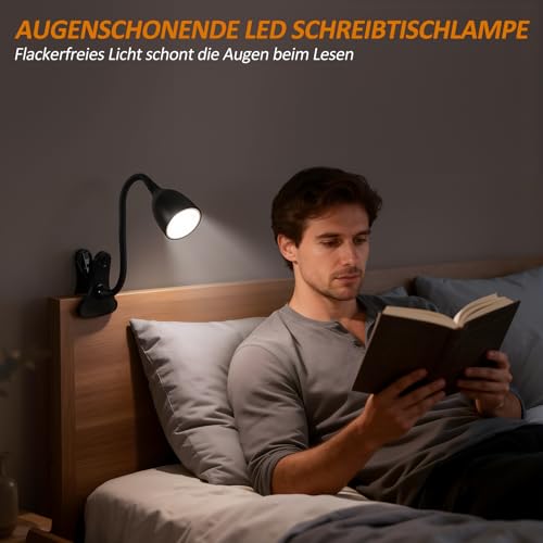 GyroVu Schreibtischlampe für Home Office, LED Klemmlampe Leselampe, Klemmleuchte für Bettkopfteil, Verstellbare Flexible Schwanenhals Schreibtischlampe für Studentenwohnheim & Lernzimmer Schwarz