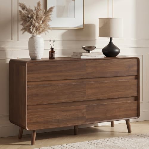 Image of Nasonet 6 Drawer Dresser for Bedroom, 47'' Wide Mid Century Modern Dressers & Chests of Drawers, Wood Storage Drawer Dressers for Hallway, Home Office, Walnut