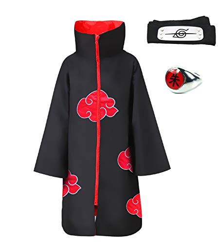 HappyShip 3Pcs Halloween Cosplay Akatsuki Cloak Costume with HeadBand and Ring Itachi Cosplay (XXXX-Large)