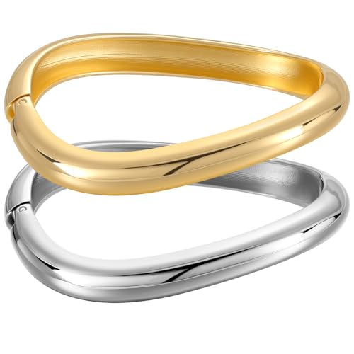Emibele Brazaletes de Oro para las Mujeres, 2PCS Grueso Brazalete de Plata con Bisagras Pulseras Abiertas para las Mujeres, El brazo Ancho Pulseras Grueso Regalos de Joyería para San Valentín Navidad