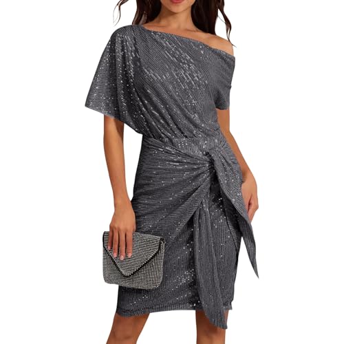 Pailettenkleider Für Damen Elegant Slope Schulter Glitzerkleid Knielang Partykleid Silvester Kleid Glitzer Wickelkleid Festliche Kleider Pailletten...