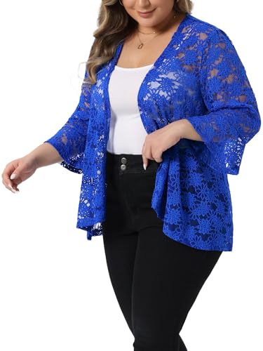 Image of Agnes Orinda Women Plus Size Open Front Lace Cardigans | 3 /4 Bell Sleeve Sheer Formal Bolero Shrugs Lightweight Floral Crochet Cover Up