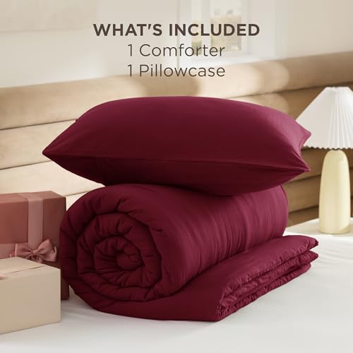Image of Bedsure Twin /Twin XL Comforter Set, Dark Red Soft Prewashed Bedding for All Seasons, 2 Pieces GentleSoft Bed Set, 1 Lightweight Comforter (68 inchx88 inch) and 1 Pillowcase (20 inchx26 inch)