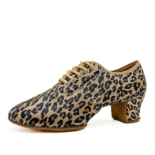 Swdzm RE-KCMD-LEOPARD-5-LDM-40 Women'S Latin Dance Shoes Lace-Up Ballroom Modern Salsa Closed Toe Training Practice Dance Shoes,Leopard,Heel 2 Inch,Split Suede Sole,8 Us cover