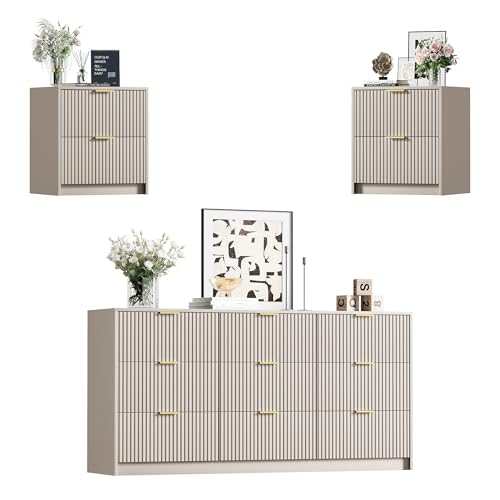 Image of Furniway 3 Piece Bedroom Set, 9 Drawer Dresser and Nightstand Set of 2 with Gold Handles, Modern Wood Chest of Drawers Storage Cabinet for Bedroom, Beige