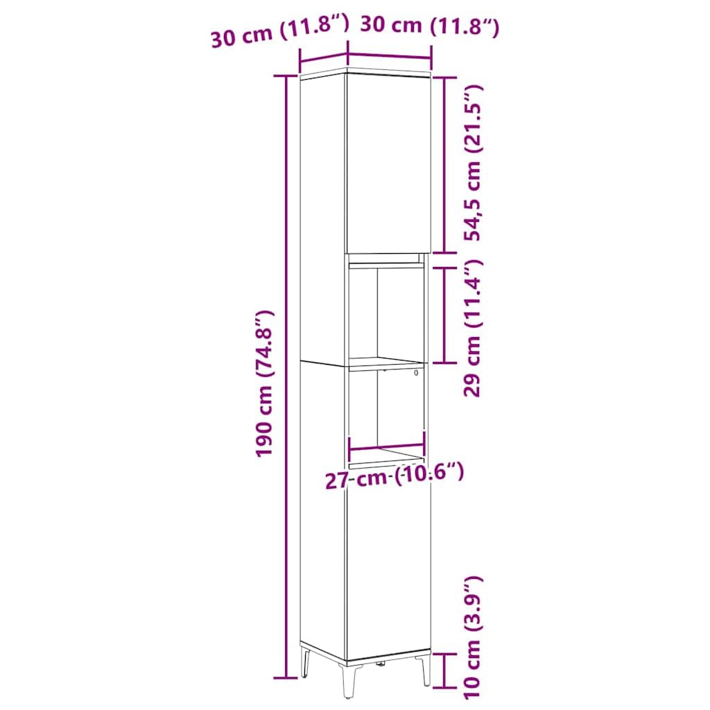 Tomostar Meuble Colonne Salle de Bain, Armoire Salle de Bain Haute Meuble de Rangement Haut avec Porte Chêne Noir 30 x 30 x 190 cm