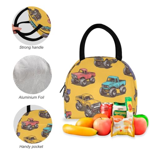 Backpack Lunch Bag Set Cartoon Monster Truck Print, Big Storage Travel Backpacks with Insulated Lunch Box for Office Hiking Picnic4