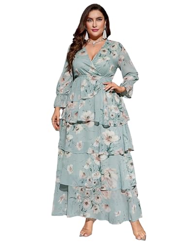Image of Spring Summer 2024 Plus Size Womens Dresses V Neck Casual Elegant Long Sleeve Floral Print Maxi Dress