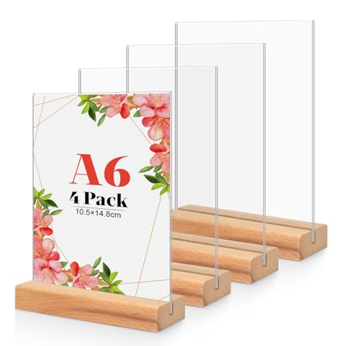 4 Unidades Soporte Cartel A6 de Acrílico, Base de Madera T Forma Expositor Metacrilato Soporte Menú, Porta Carteles Menus Restaurante, Soporte de Sobremesa, Titular de Menú Póster para Hotel, Tienda