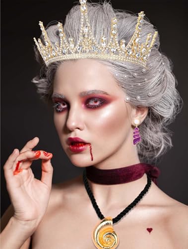 3 Pcs Halloween Costumes Accessories Set for Women Gold Crown Shell Necklace and Purple Seashell Earrings Sea Witch Cosplay Accessories for Halloween Party Dress up2