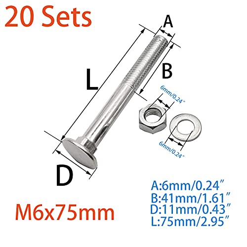 Image of 20 Sets Long Square-Neck Carriage Bolts Set,Carriage Bolts Set w /Nuts & Flat Washers,Zinc-Plated,Carbon Steel Grade 4.8,Plain Finish,Partial Threaded(M6-1.0X75mm)