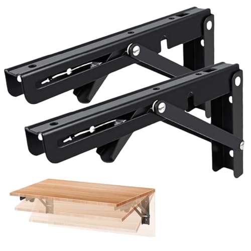 Folding Shelf Brackets Max. Load 580 lb 16 Inch Black Collapsible Heavy Duty Brackets for Table Bench - Space Saving 2 Pack