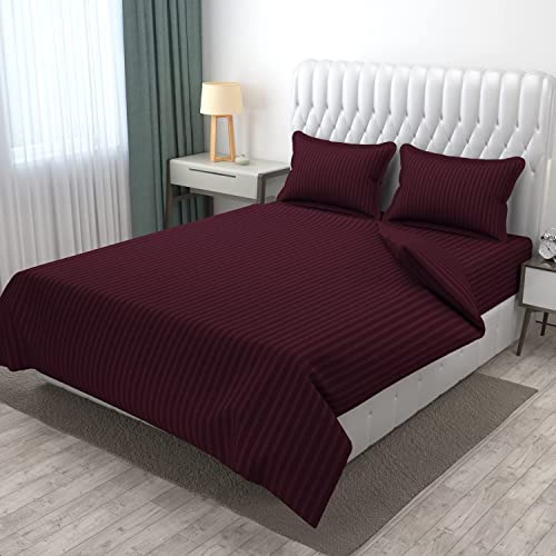 Image of 300 TC Glace Cotton Plain Stripe Queen Size Single Bedsheet with 1 Pillow Cover for Home, Hotel, Guest Room (60 X 90) Inch Wine Pack 1