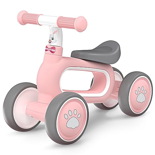 DRAMATION Baby Balance Bike for 1 Year Old Girls Gifts, 10-12 Months No Pedal Toddler Balance Bike with 4 Silence Wheels, 1st Birthday Gift, Ride On Toys for Boys Girls 1 Years Old, Pink