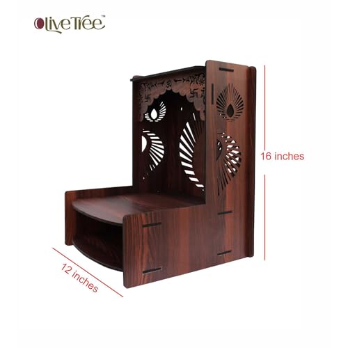 Image of Olive Tree Ethnic Wooden Pooja Mandir for Home Handcrafted Puja Stand | Wall Mounted with LED Spot Light | Mandapam, Pooja Ghar, Temple Office Decor - Walnut Size 12X12X16 Inch 1009