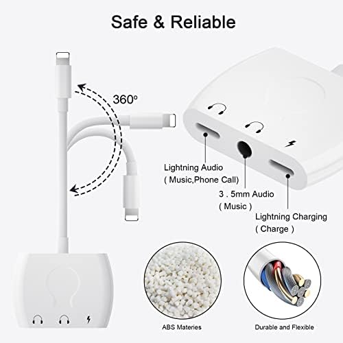 Headphone Adapter Audio Splitter, 3 in 1 Lightn-Ing to 3.5 mm Jack Aux Audio Splitter with Charging Headphones Splitter for iPhone 14 -13/12/11/X/8/7/6, Lightn-Ing Supports calls and iOS 15