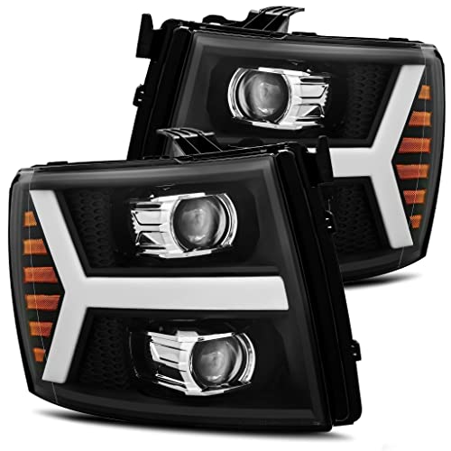 AlphaRex PRO-Series Black Compatible with 07-13 Chevrolet Silverado 1500/07-14 Silverado 2500HD/3500HD LED Tube Dual Projector Headlights with DRL/Sequential Signal/Activation Light