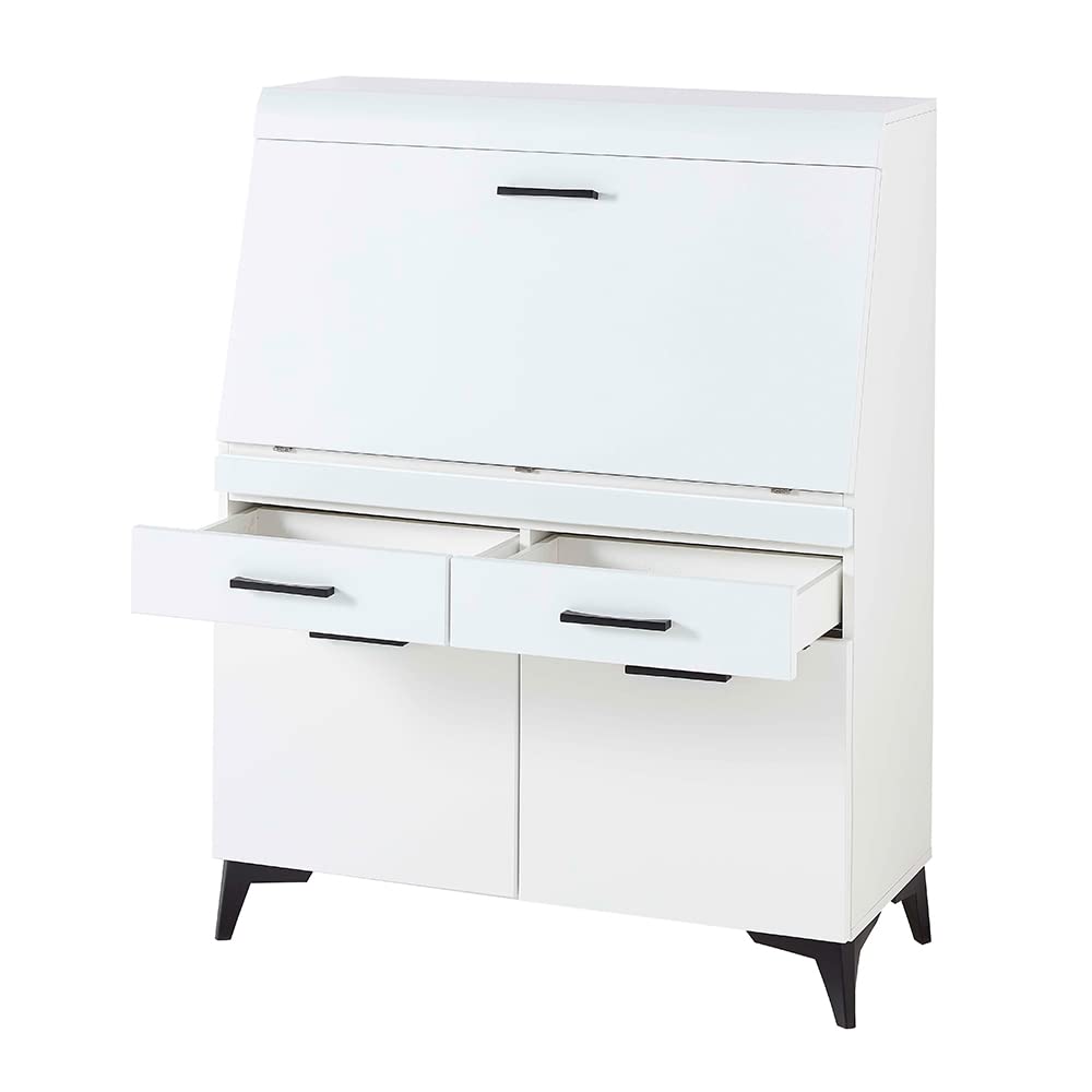 Lomadox Sekretär in weiß, Klapptür mit Türdämpfung, Drehtüren mit Softclose-Funktion, Griffe in schwarz, B/H/T ca. 98/124/42 cm