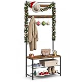 VASAGLE Coat Rack, Hall Tree with Shoe Storage Bench, Entryway Bench with Shoe Storage, 3-in-1, Steel Frame, for Entryway, 12.6 x 27.6 x 68.9 Inches, Industrial, Rustic Brown and Black UHSR41BX