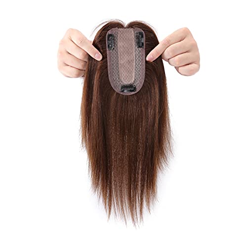 SEGO 150% Density Human Hair Toppers for Women No Bangs Silk Base 100% Remy Human Hair Pieces Clip in for Slight Hair Loss Thinning Hair Cover Gray Hair -10 Inch No Bangs Medium Brown