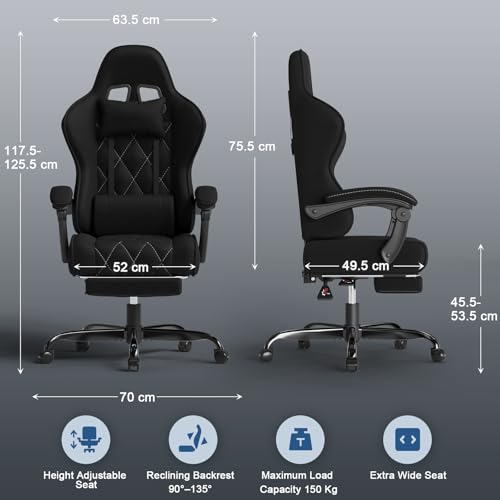 Devoko Fabric Gaming Chair for Adults with Footrest – Ergonomic Reclining Computer Desk Chair with Pocket Spring Cushion, Headrest & Massage Lumbar Support, Black, for Home Office - Image 4