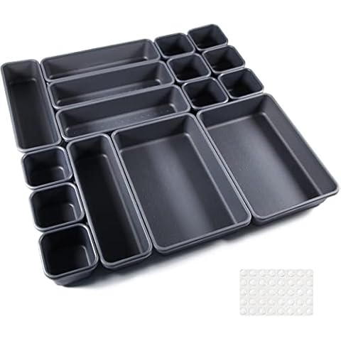 Nuts OT nuts Desk Drawer Organiser Tidy Dividers 16Pcs Makeup Dividers 3 Sizes Plastic Trays for Storage for Dresser Cosmetics Office Stationery Kitchen Utensil with 40 Non-slip Silicon Pads (Black) Cover
