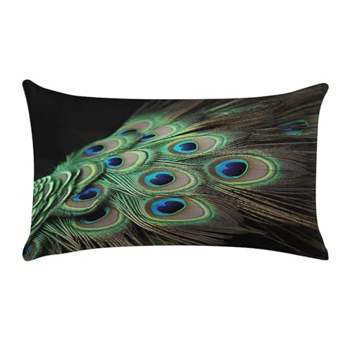 Funda de almohada de felpa de lujo rectangular con diseño de plumas de pavo real verde 2