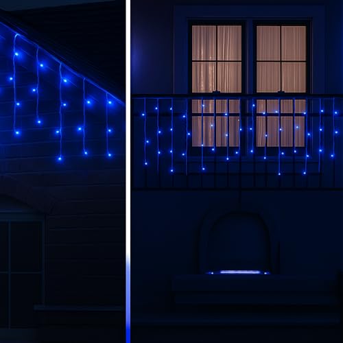 Image of MIRADH Icicle Diwali Lights Outdoor, 10ft 96 LED with 16 Drops Icicle Lights, Plug in Lights with 8 Modes Waterproof for Decoartion Light for Diwali, Christmas, Birthday, Ganesh Puja (Blue)