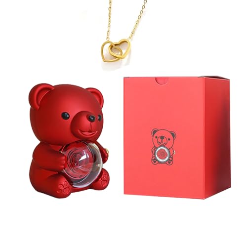 Urso de urso com rosa eterna e caixa de joalharia, presente romântico com colar para mulher, ideia para presente de dia dos namorados, dia da mãe, aniversário e casamento