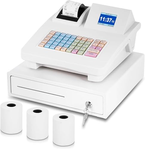 MXBAOHENG Caja registradora electrónica 48 teclas Caja comercial con 3 rollos de 58 mm impresión térmica Sistema de caja registradora inteligente con cajón de efectivo para restaurantes, supermercados