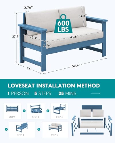 Image of SERWALL HDPE Outdoor Loveseat with Cushion, Outdoor Sectional Furniture Set | All Weather Use Patio Couch Sofa，Blue Frame with Khaki Cushions