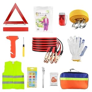 Car Emergency Breakdown Safety Kit 13-in-1 Vehicle Europe Roadside Assistance Travel Kit with Jump Leads,Tow Rope,Warning Triangle,Hi-Vis Vest,Emergency Hammer/Rain poncho/Blanket etc