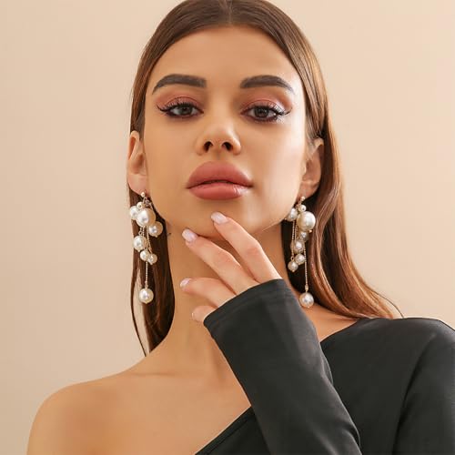 Long Large Pearls Dangling Earrings for Women Fashion Wedding Fake Freshwater Pearl Big Dangly Preppy Earring Dainty Oversized Drop Dangle Statement Jewelry Gifts2