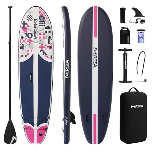 EVERSEA Stand-Up Paddle Boards, 10 ft Inflatable Paddle Board with SUP Accessories, Non-Slip Deck, Dual PVC Layer, Memphis Style Pattern, 31 in Wide Stable All-Around Paddleboard for Adults (Rigid)